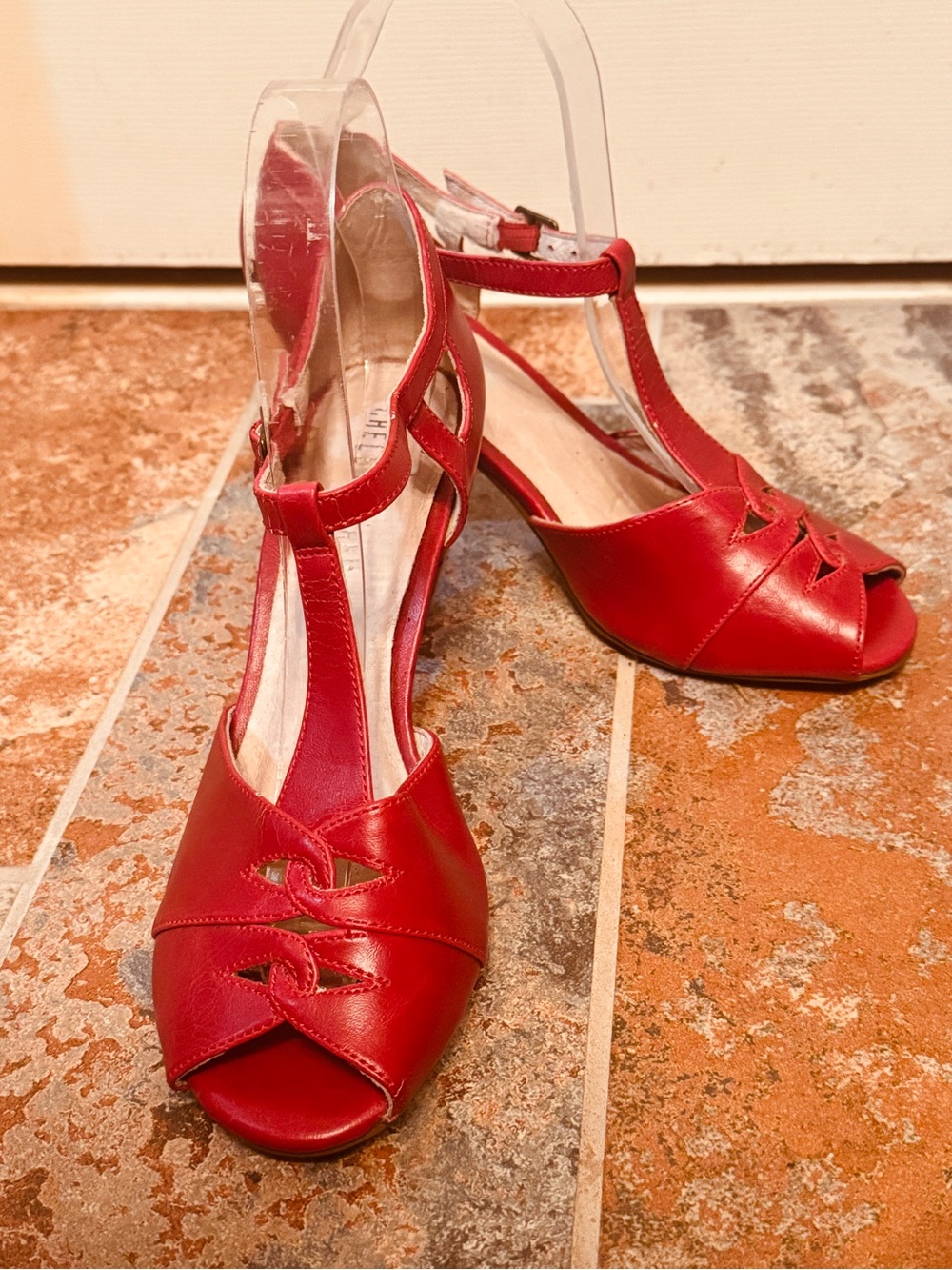 NWOB! Frisky Chelsea Crew Bright Red T-Strap Peep-Toe Perforated Mid-Heels!!!